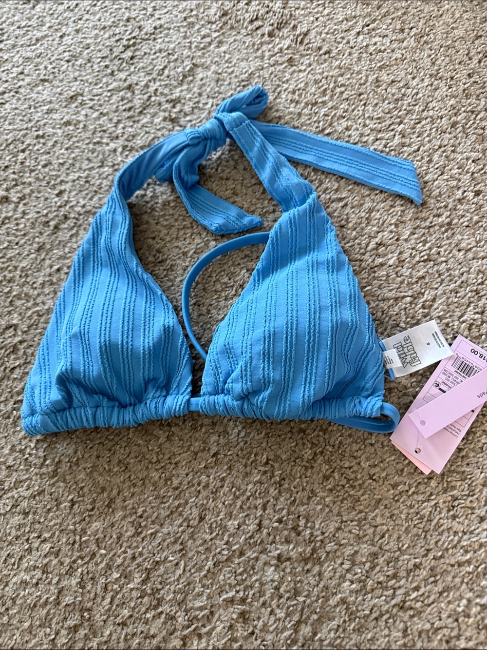 Blue Ribbed Triangle Bikini Top